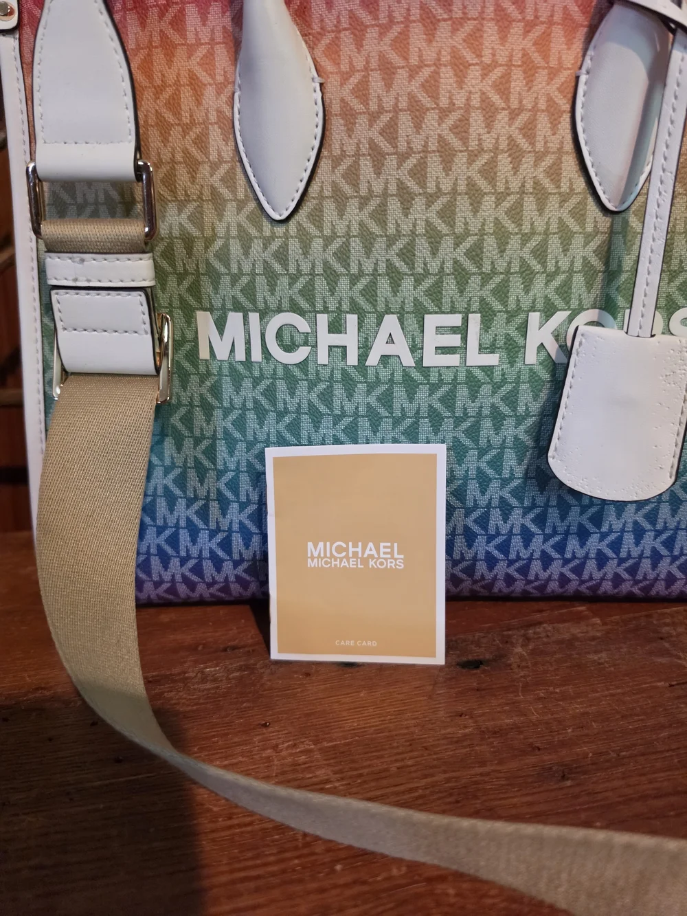 Michael Kors Rainbow Logo Tote with White Trim and Tan Strap